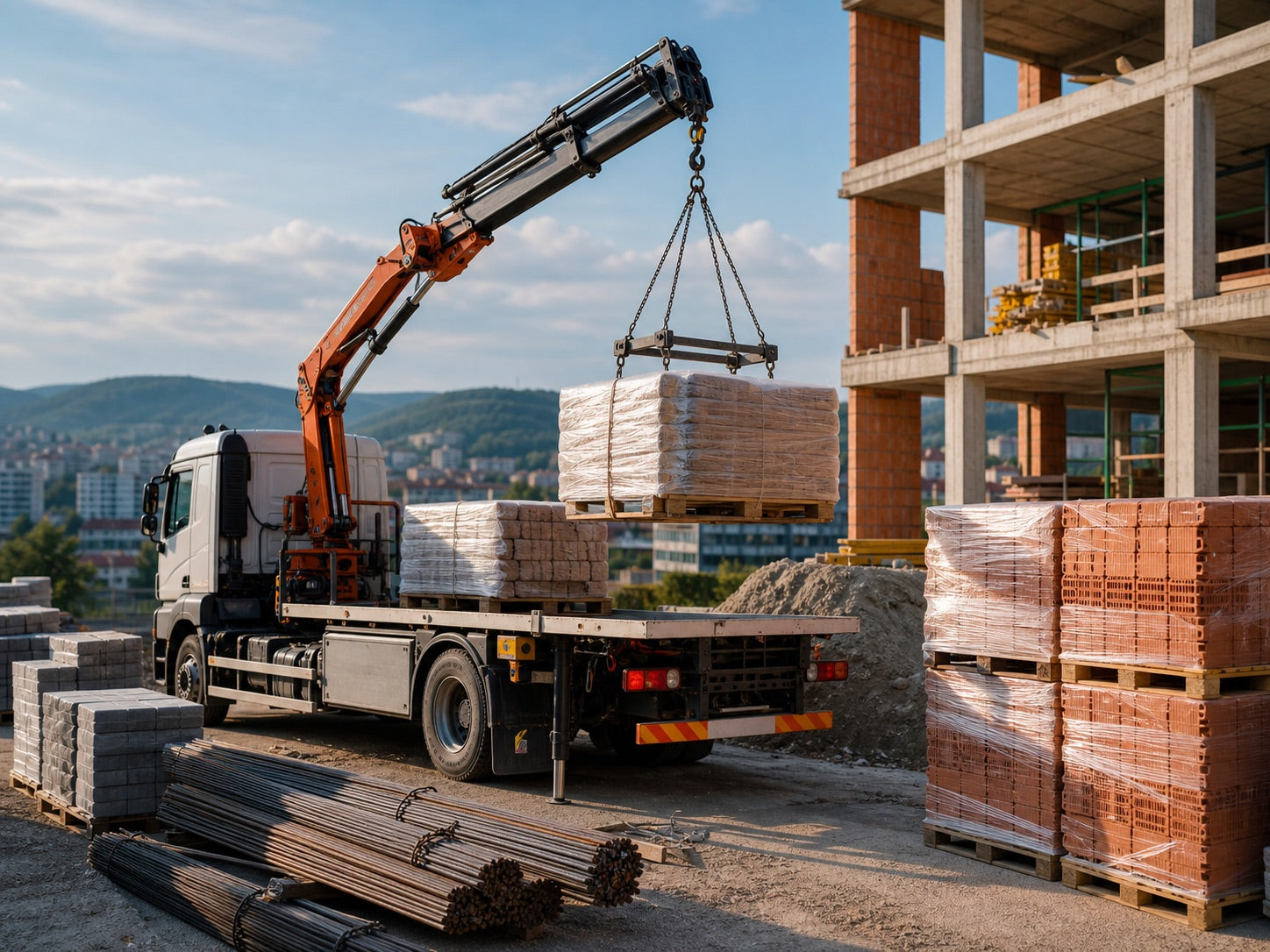 Camion cu macara care descarcă materiale de construcții pe șantier