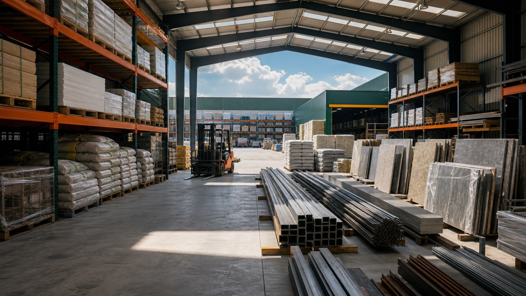 Depozit de materiale pentru construcții cu paleți, piatră și profile metalice